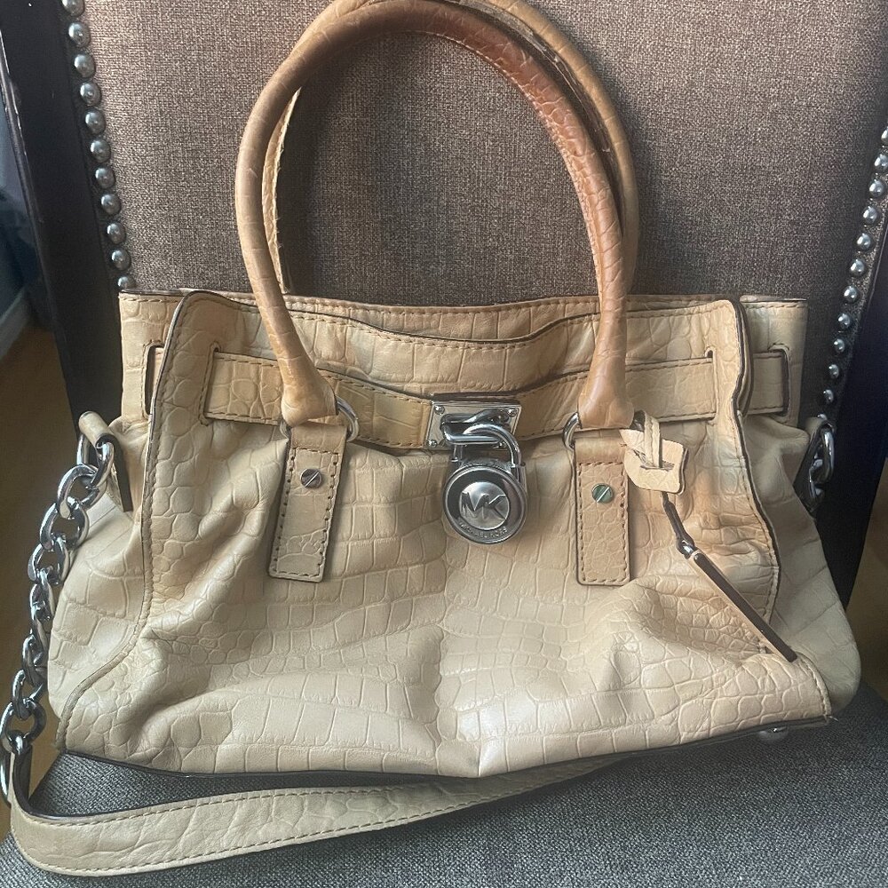 Michael Kors Hamilton Tan Leather Croc Embossed Handbag Satchel